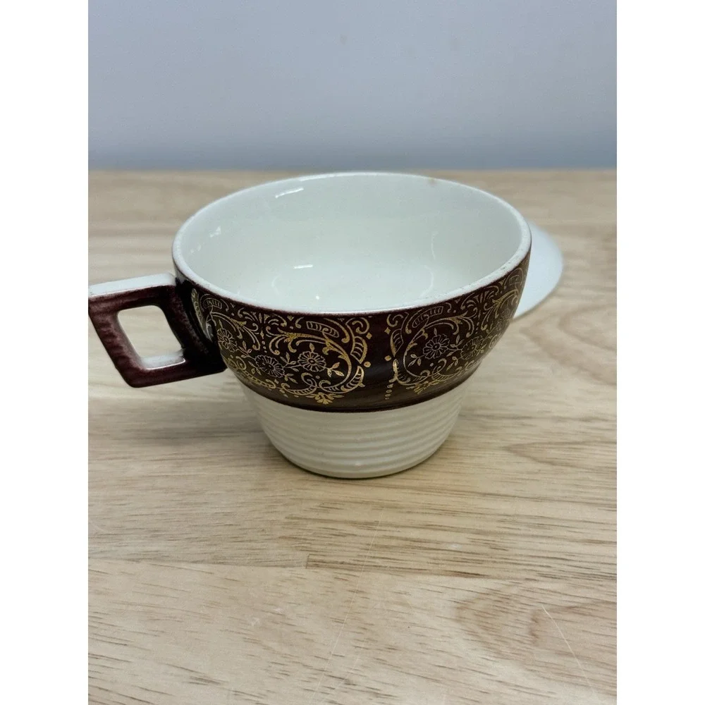 Vintage Sebring Pottery Serenade Cup‎ and Saucer Burgundy USA 22k Gold Set #68